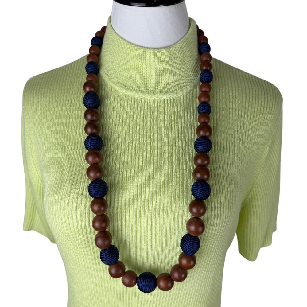 Chunky Wood and Navy Blue Thread Wrapped Bead Statement Necklace 37 Inch Long